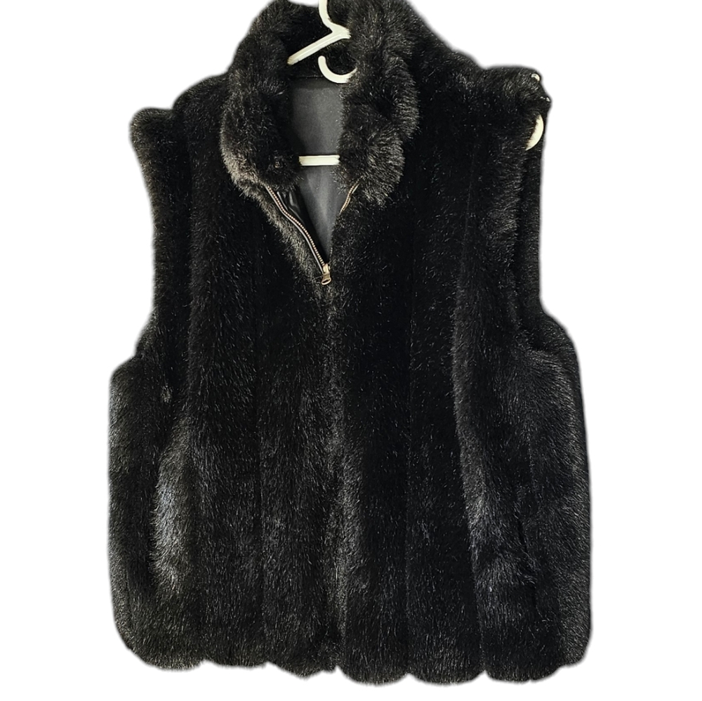 Coaco New York Black Faux Fur Full Zip w/Pockets Reversible Mobwife Vest Size L